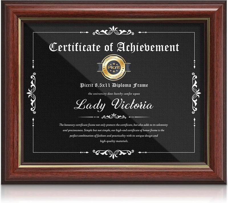 Picrit 8.5x11 Mahogany Diploma Certificate Frame with Tempered Glass, Degree Document Frame with Gold Rim for Wall and Tabletop, 1 Pack - Image 1